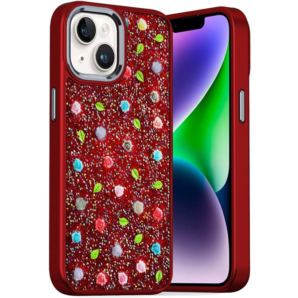 For iPhone 13/14 Case Bling Diamond Tiny Roses Glitter Cover + Tempered Glass
