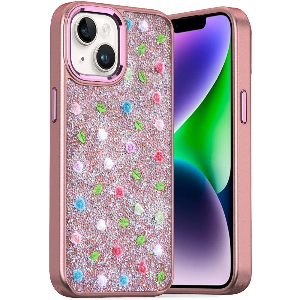 For iPhone 13/14 Case Bling Diamond Tiny Roses Glitter Cover + Tempered Glass