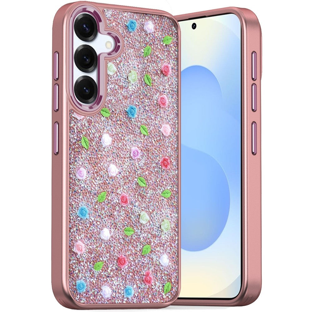 For Samsung S25/S24 Case Bling Diamond Tiny Roses Glitter Cover + Tempered Glass