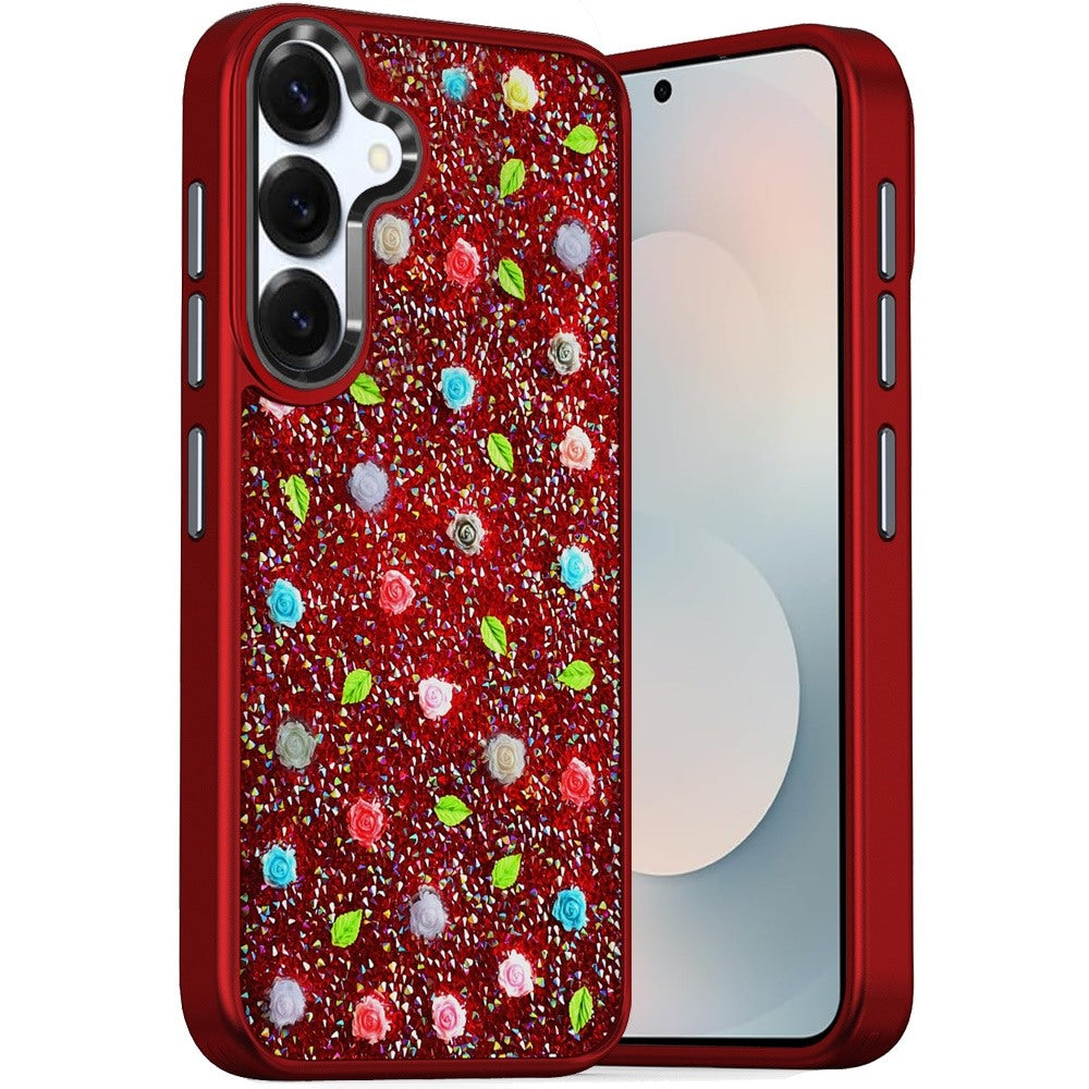 For Samsung S25 FE Case Bling Diamond Tiny Roses Glitter Cover + Tempered Glass