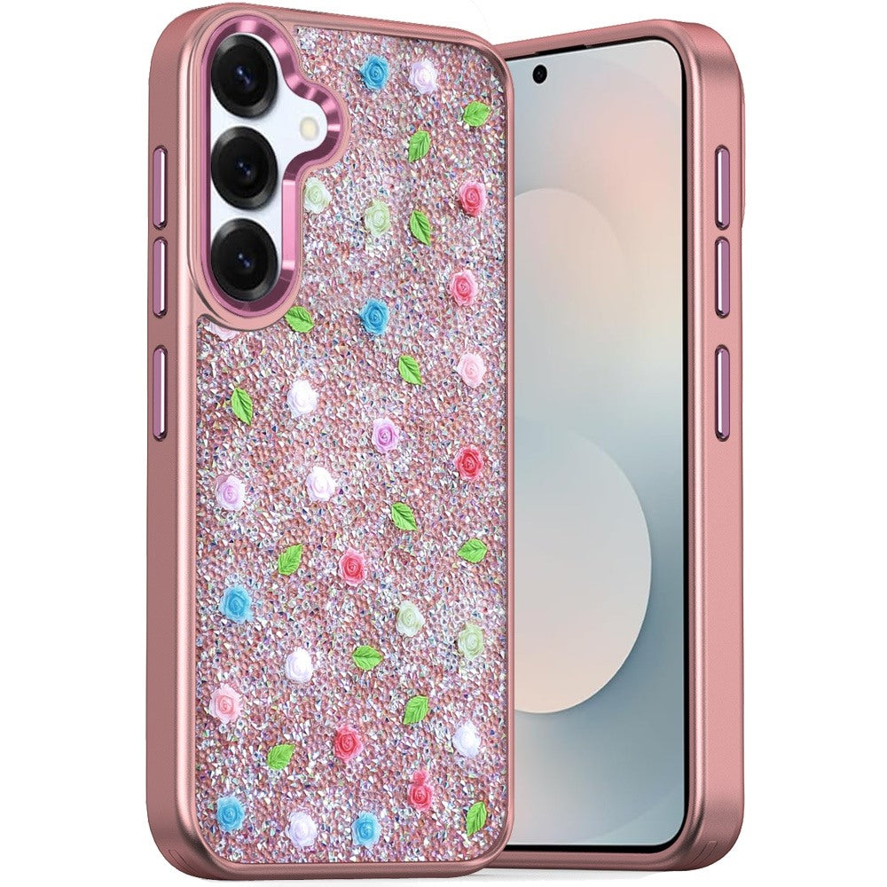 For Samsung S25 FE Case Bling Diamond Tiny Roses Glitter Cover + Tempered Glass