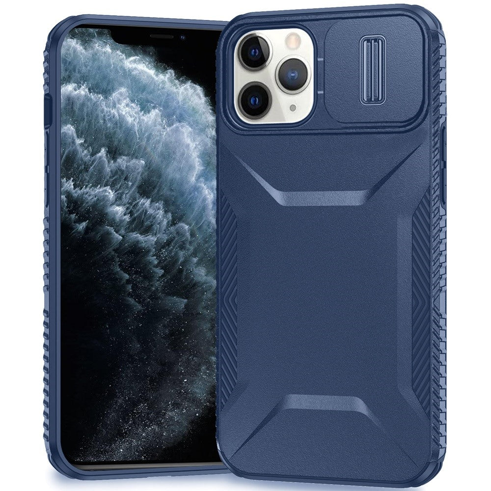 For iPhone 11 Pro Max Case Rugged Side Grip Sliding Lens Cover + Tempered Glass