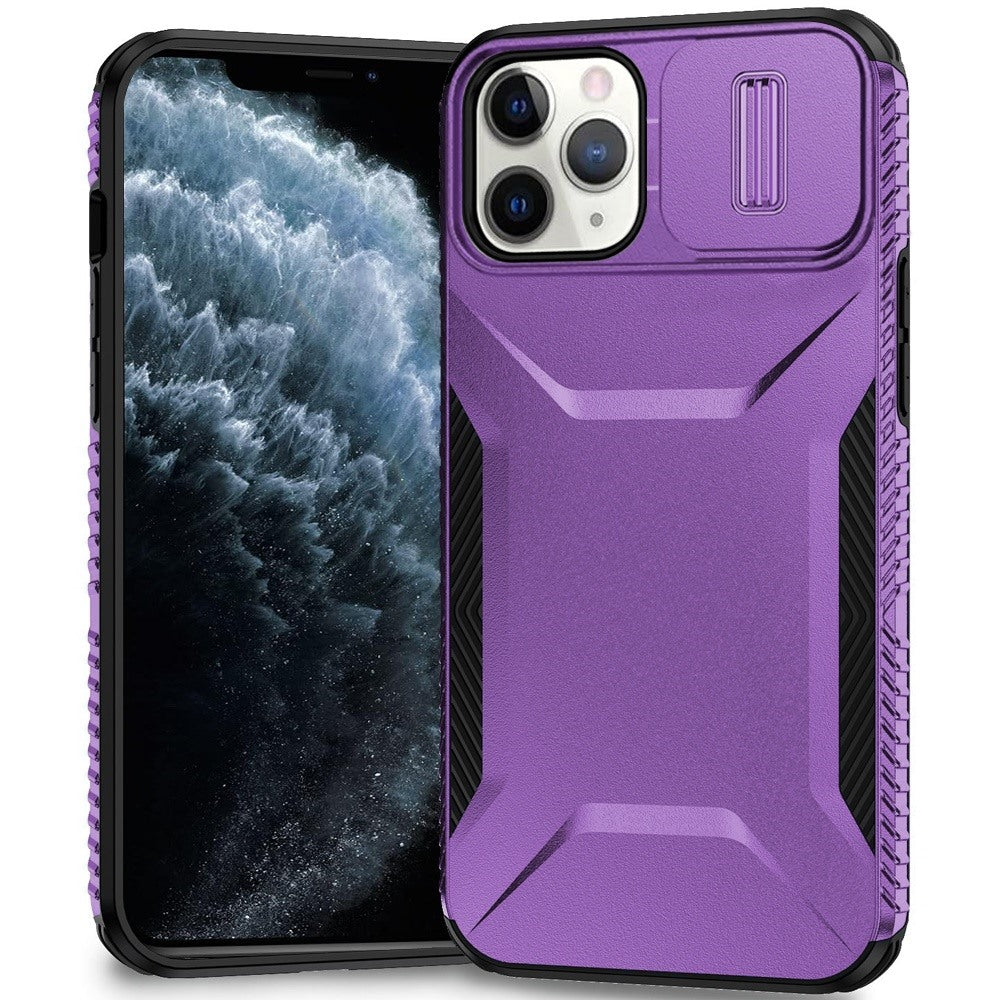 For iPhone 11 Pro Max Case Rugged Side Grip Sliding Lens Cover + Tempered Glass