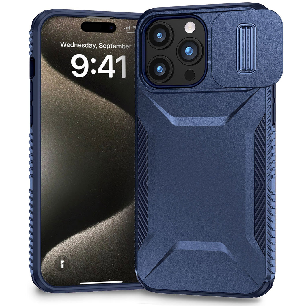 For iPhone 15 Pro Max Case Rugged Side Grip Sliding Rear Lens + 2 Tempered Glass