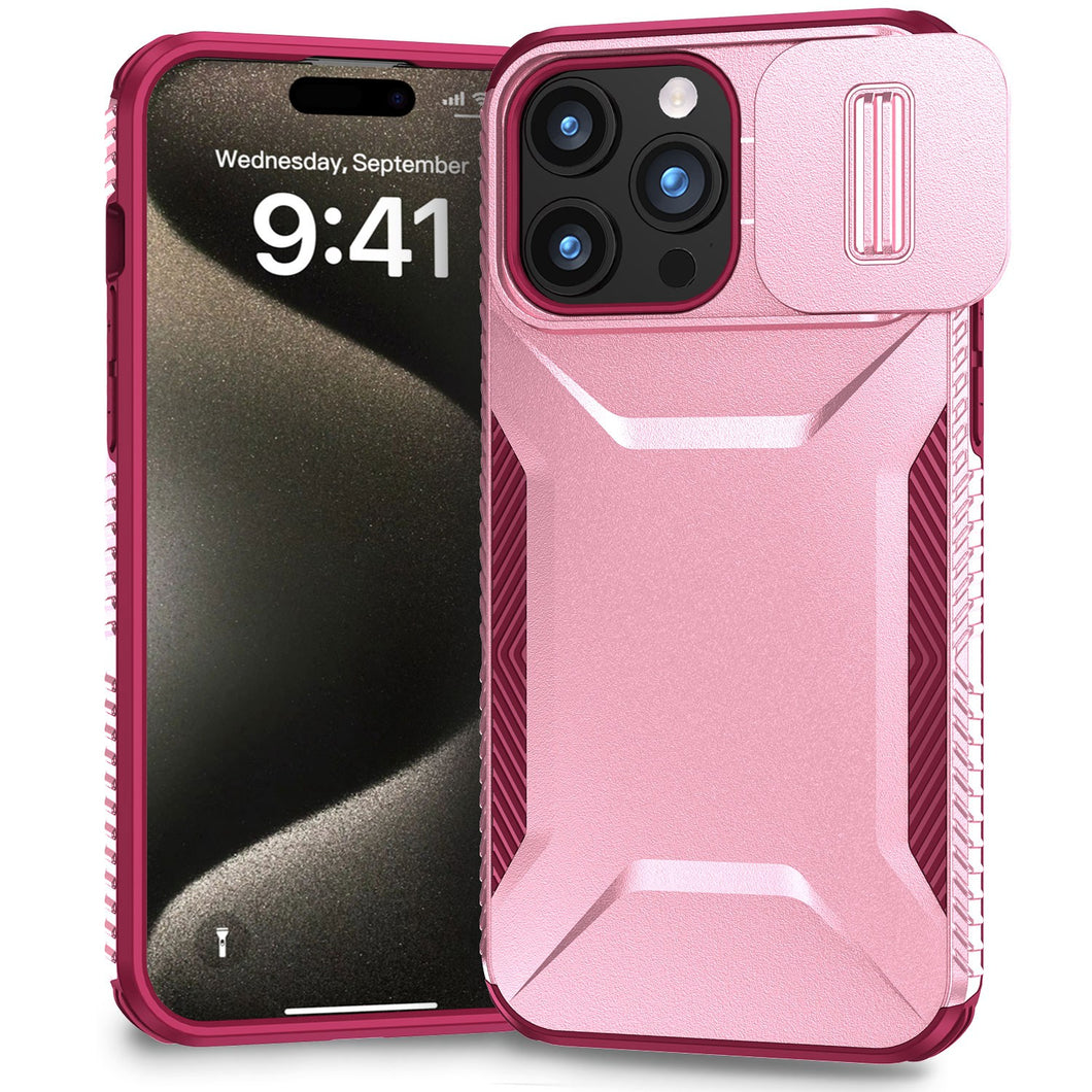 For iPhone 15 Pro Max Case Rugged Side Grip Sliding Rear Lens + 2 Tempered Glass