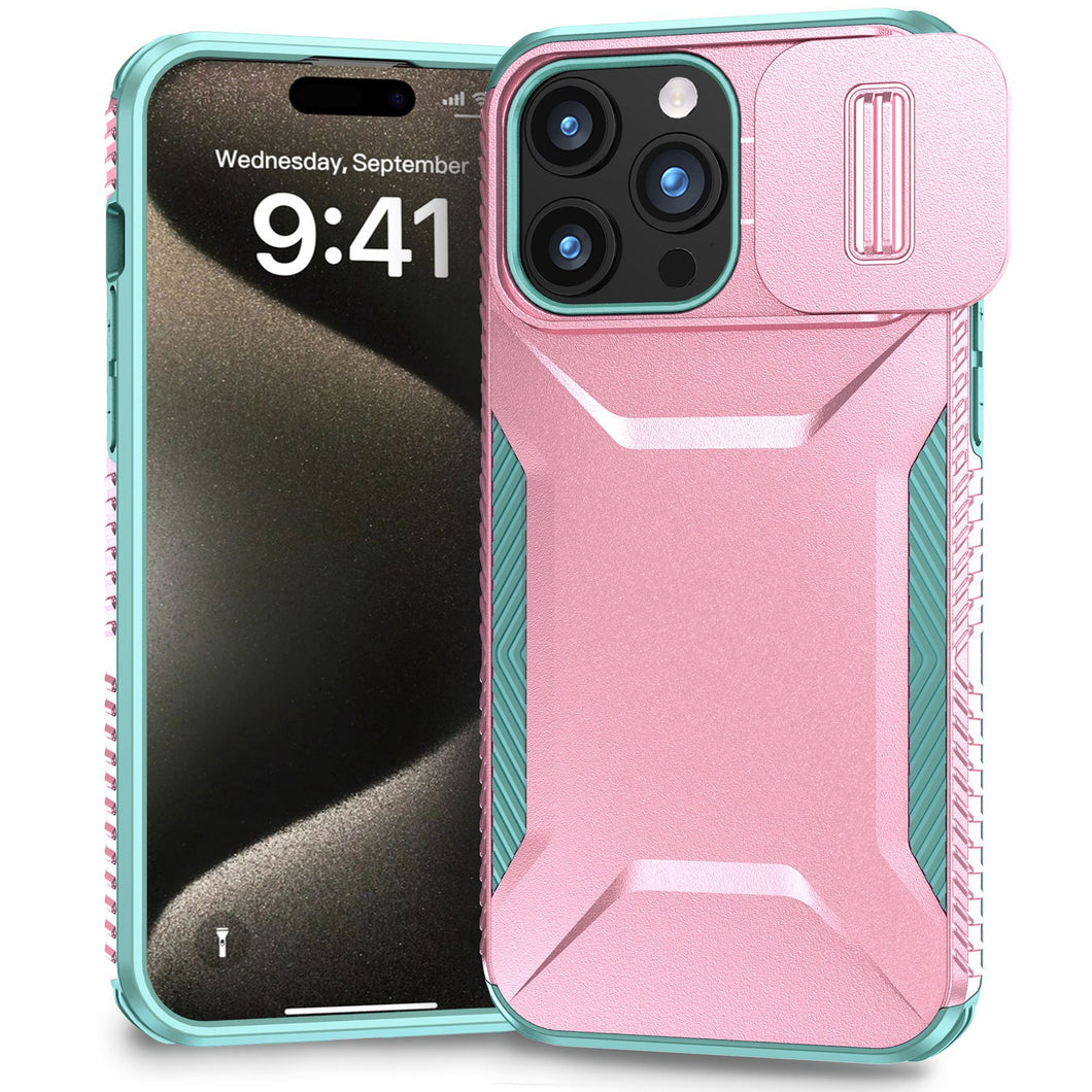 For iPhone 15 Pro Max Case Rugged Side Grip Sliding Rear Lens + 2 Tempered Glass