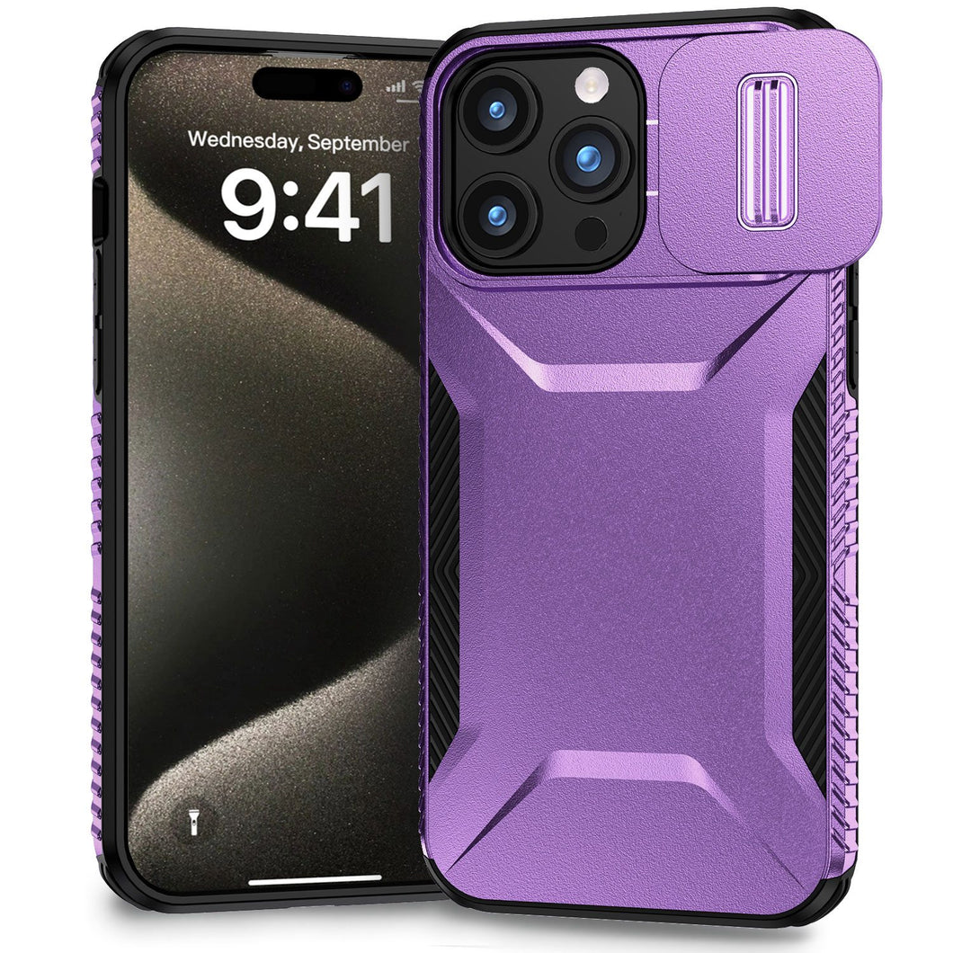 For iPhone 15 Pro Max Case Rugged Side Grip Sliding Rear Lens + 2 Tempered Glass