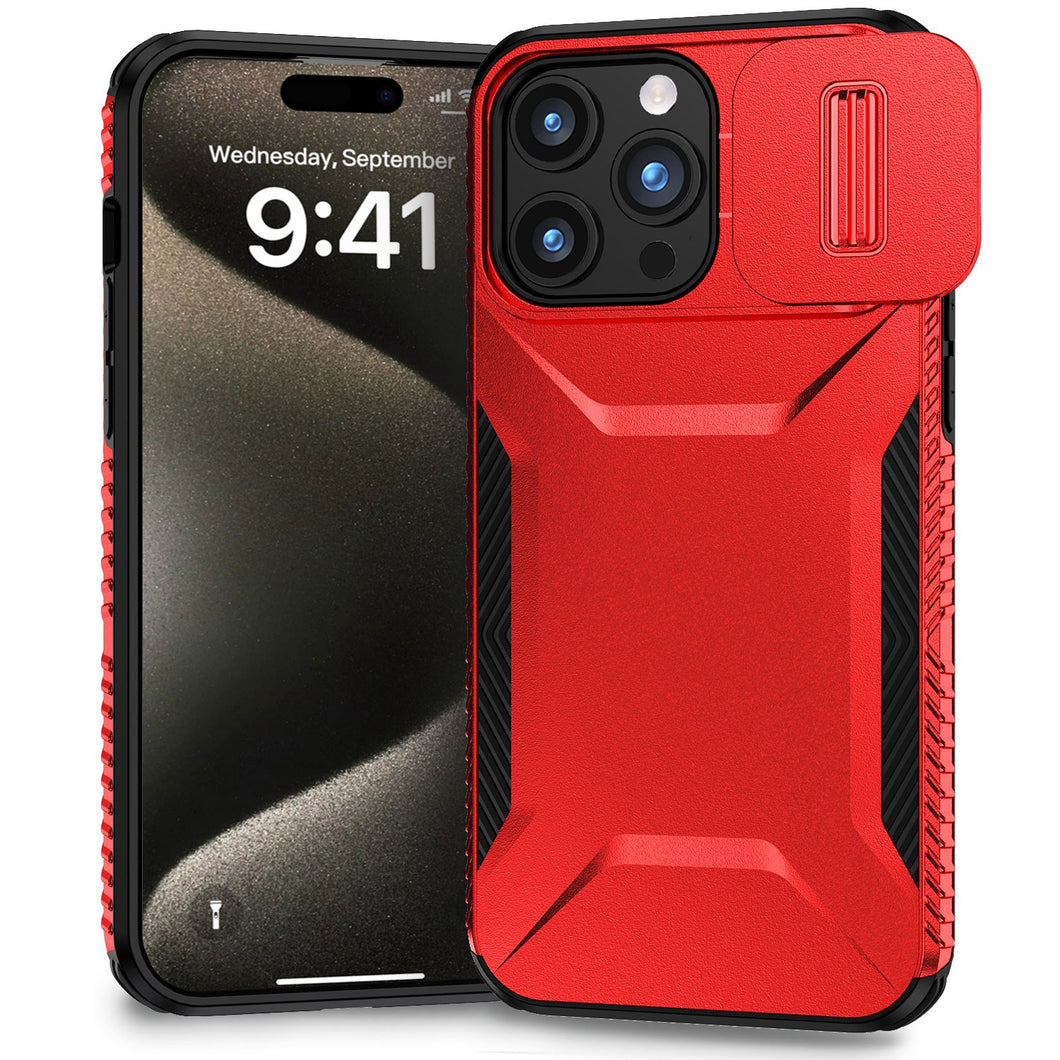 For iPhone 15 Pro Max Case Rugged Side Grip Sliding Rear Lens + 2 Tempered Glass