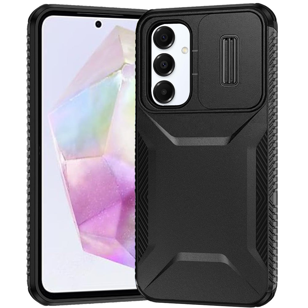 For Samsung A36 Case Rugged Side Grip Sliding Rear Lens Cover + Tempered Glass