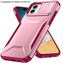 For iPhone 16 Plus 6.7in Case Rugged Grip Sliding Lens Cover + Tempered Glass