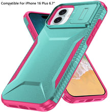 For iPhone 16 Plus 6.7in Case Rugged Grip Sliding Lens Cover + Tempered Glass