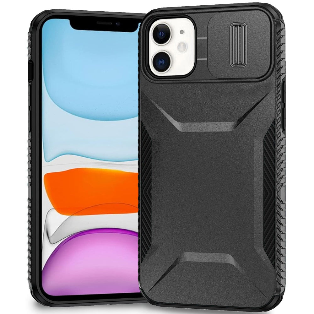 For iPhone 11 6.1 in. Case Rugged Side Grip Sliding Lens Cover + Tempered Glass