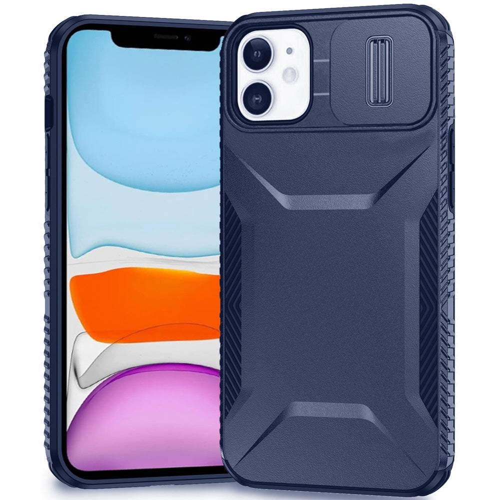 For iPhone 11 6.1 in. Case Rugged Side Grip Sliding Lens Cover + Tempered Glass