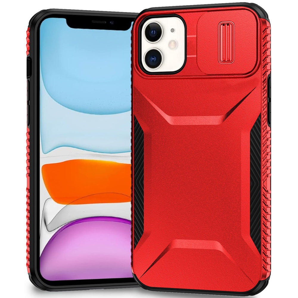 For iPhone 11 6.1 in. Case Rugged Side Grip Sliding Lens Cover + Tempered Glass
