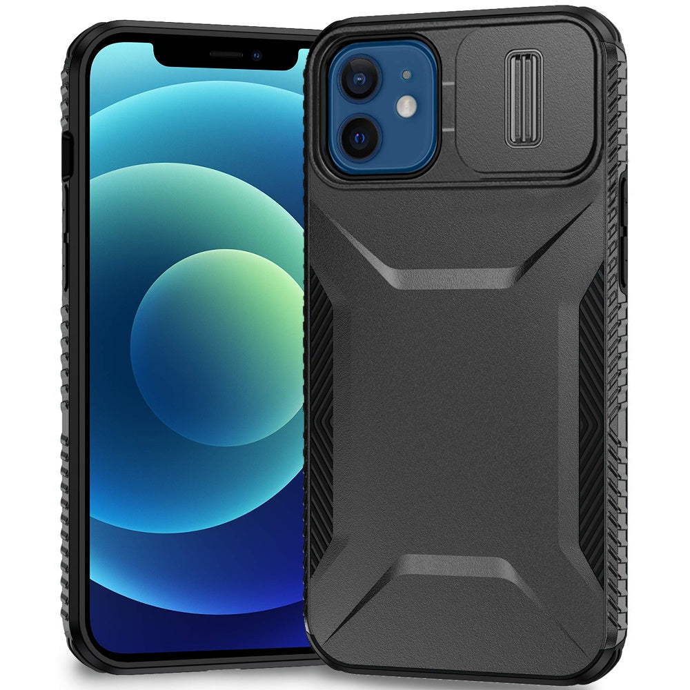 For iPhone 12/12 Pro Case Rugged Side Grip Sliding Lens Cover + Tempered Glass