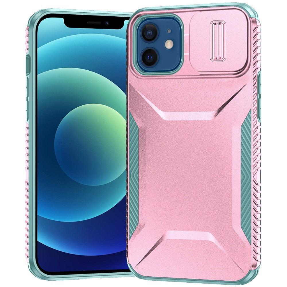 For iPhone 12/12 Pro Case Rugged Side Grip Sliding Lens Cover + Tempered Glass