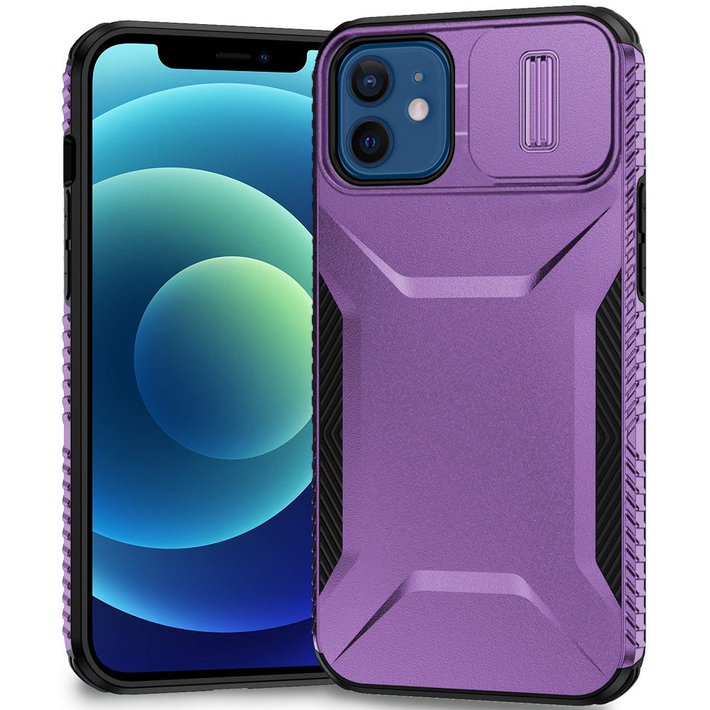 For iPhone 12/12 Pro Case Rugged Side Grip Sliding Lens Cover + Tempered Glass