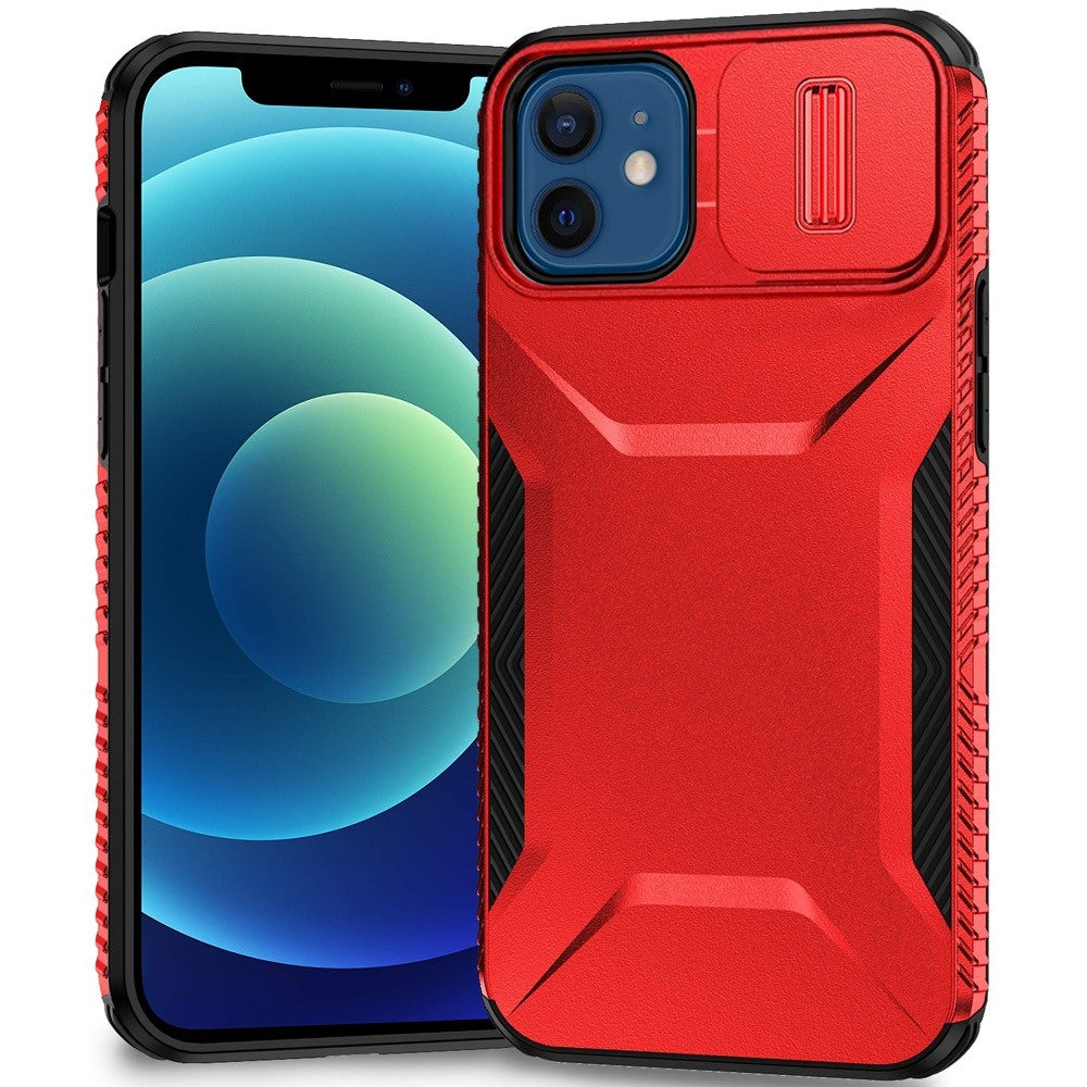 For iPhone 12/12 Pro Case Rugged Side Grip Sliding Lens Cover + Tempered Glass