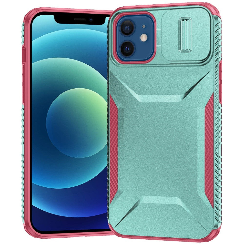 For iPhone 12/12 Pro Case Rugged Side Grip Sliding Lens Cover + Tempered Glass