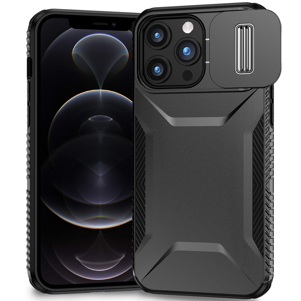 For iPhone 12 Pro Max Case Rugged Side Grip Sliding Lens Cover + Tempered Glass