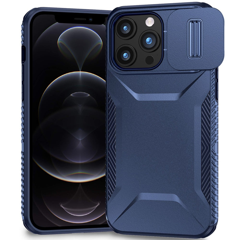 For iPhone 12 Pro Max Case Rugged Side Grip Sliding Lens Cover + Tempered Glass