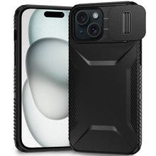 For iPhone 15 Case Rugged Side Grip Sliding Rear Lens Cover + 2 Tempered Glass