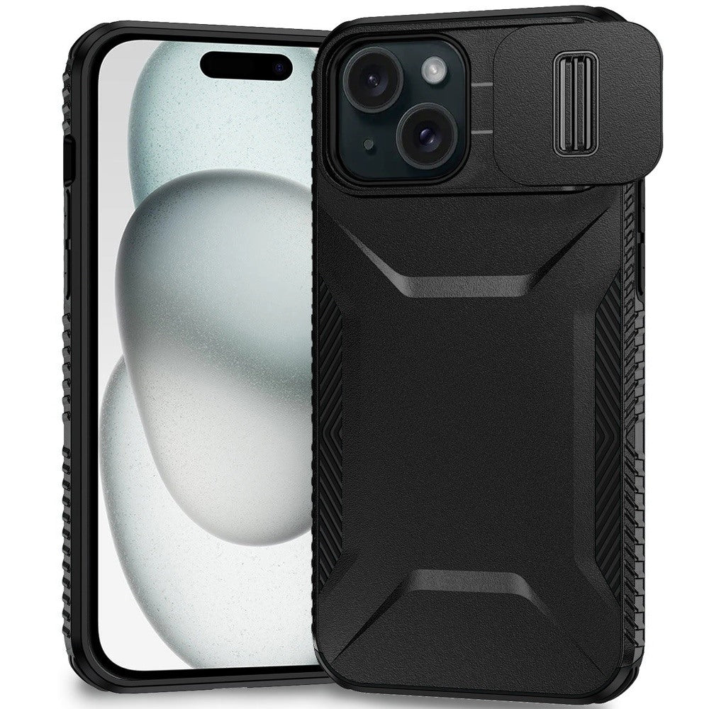For iPhone 15 Case Rugged Side Grip Sliding Rear Lens Cover + 2 Tempered Glass