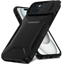 For iPhone 15 Case Rugged Side Grip Sliding Rear Lens Cover + 2 Tempered Glass