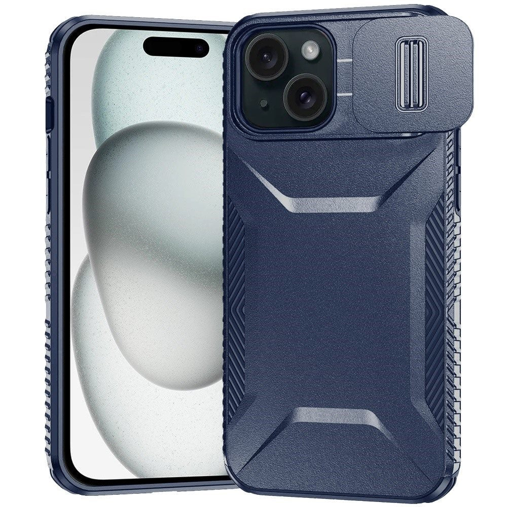 For iPhone 15 Case Rugged Side Grip Sliding Rear Lens Cover + 2 Tempered Glass