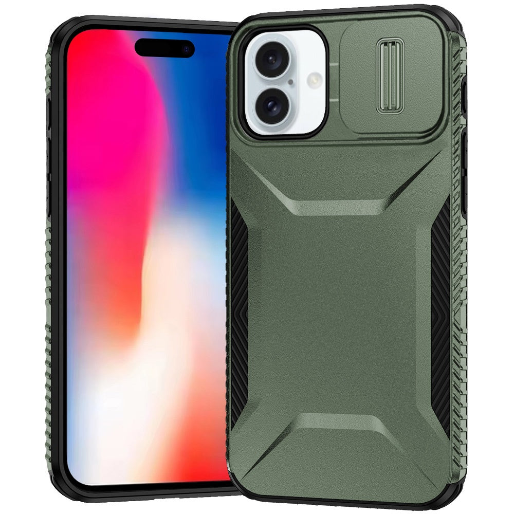 For iPhone 16 6.1inch Case Rugged Side Grip Sliding Lens Cover + Tempered Glass