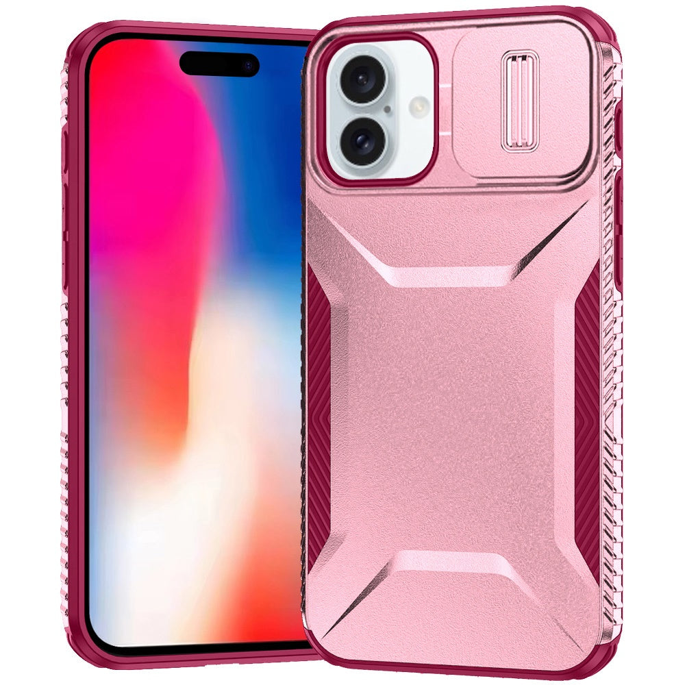 For iPhone 16 6.1inch Case Rugged Side Grip Sliding Lens Cover + Tempered Glass