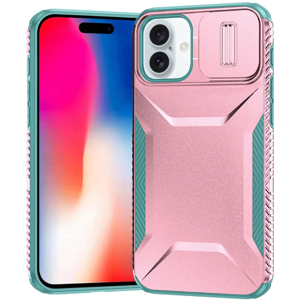 For iPhone 16 6.1inch Case Rugged Side Grip Sliding Lens Cover + Tempered Glass