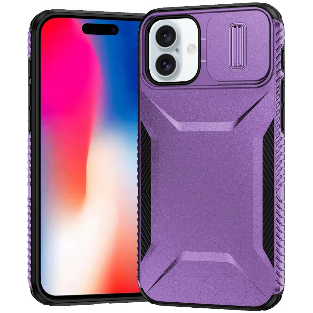 For iPhone 16 6.1inch Case Rugged Side Grip Sliding Lens Cover + Tempered Glass