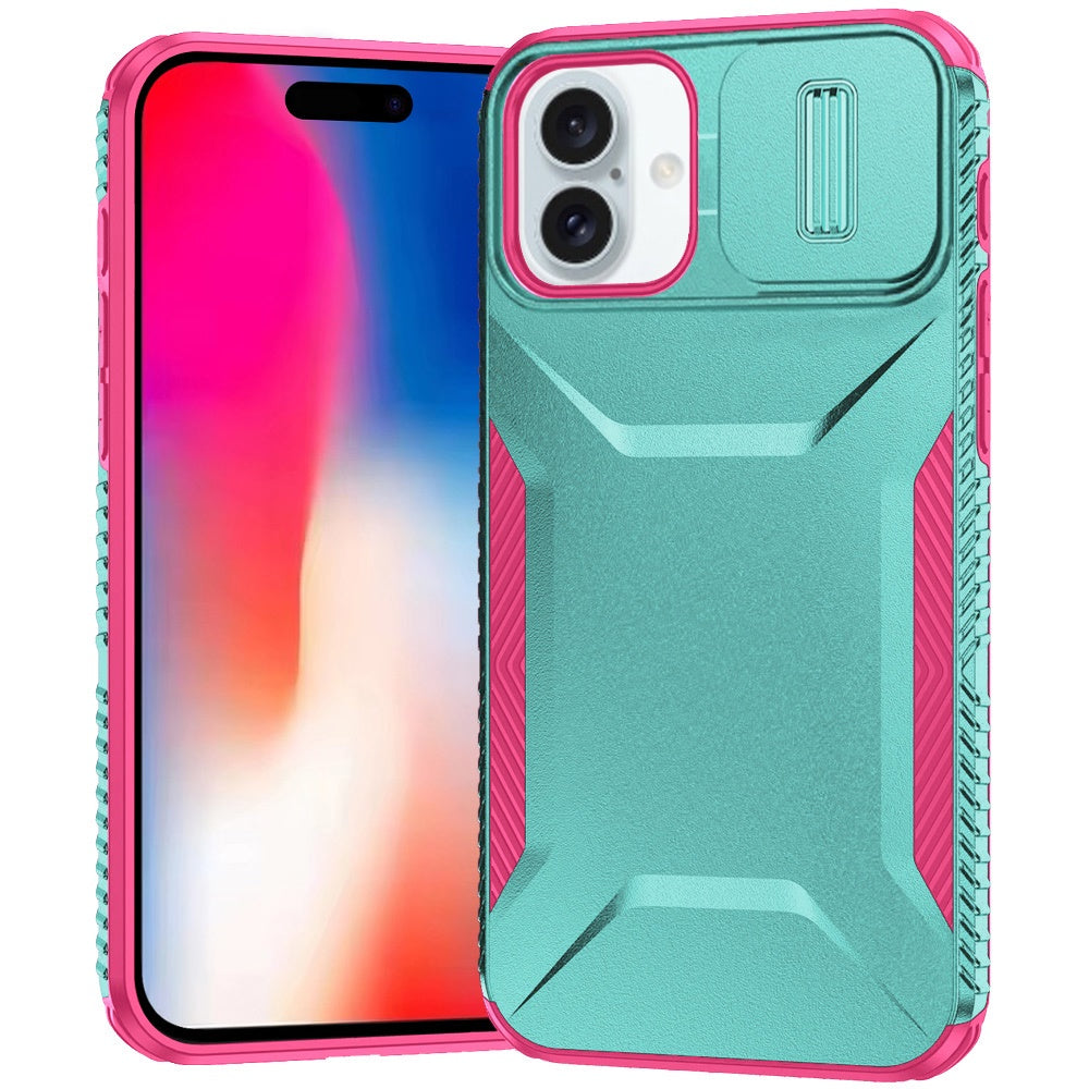 For iPhone 16 6.1inch Case Rugged Side Grip Sliding Lens Cover + Tempered Glass