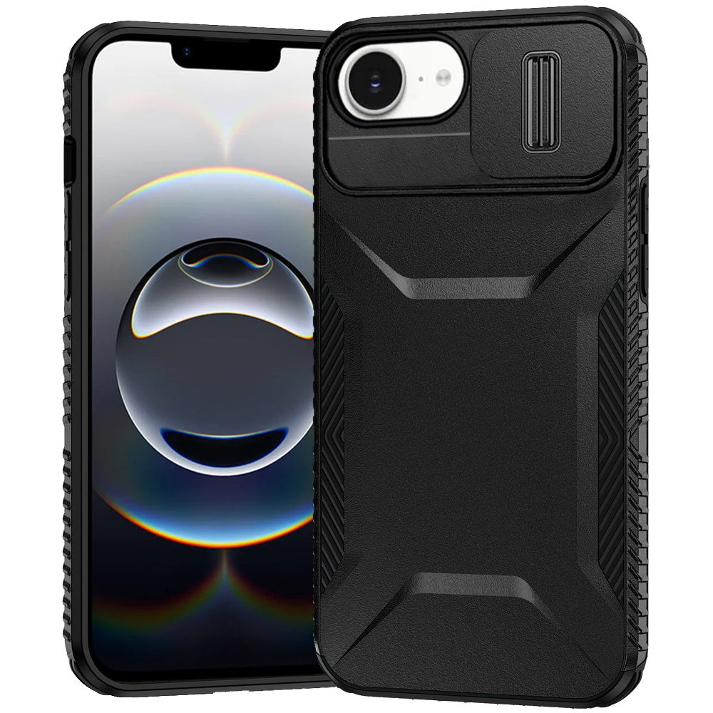 For iPhone 16e Case Rugged Side Grip Sliding Rear Lens Cover + Tempered Glass