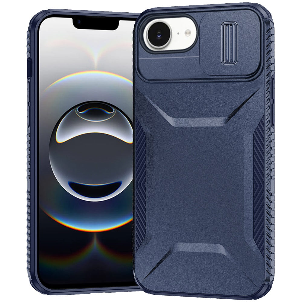 For iPhone 16e Case Rugged Side Grip Sliding Rear Lens Cover + Tempered Glass