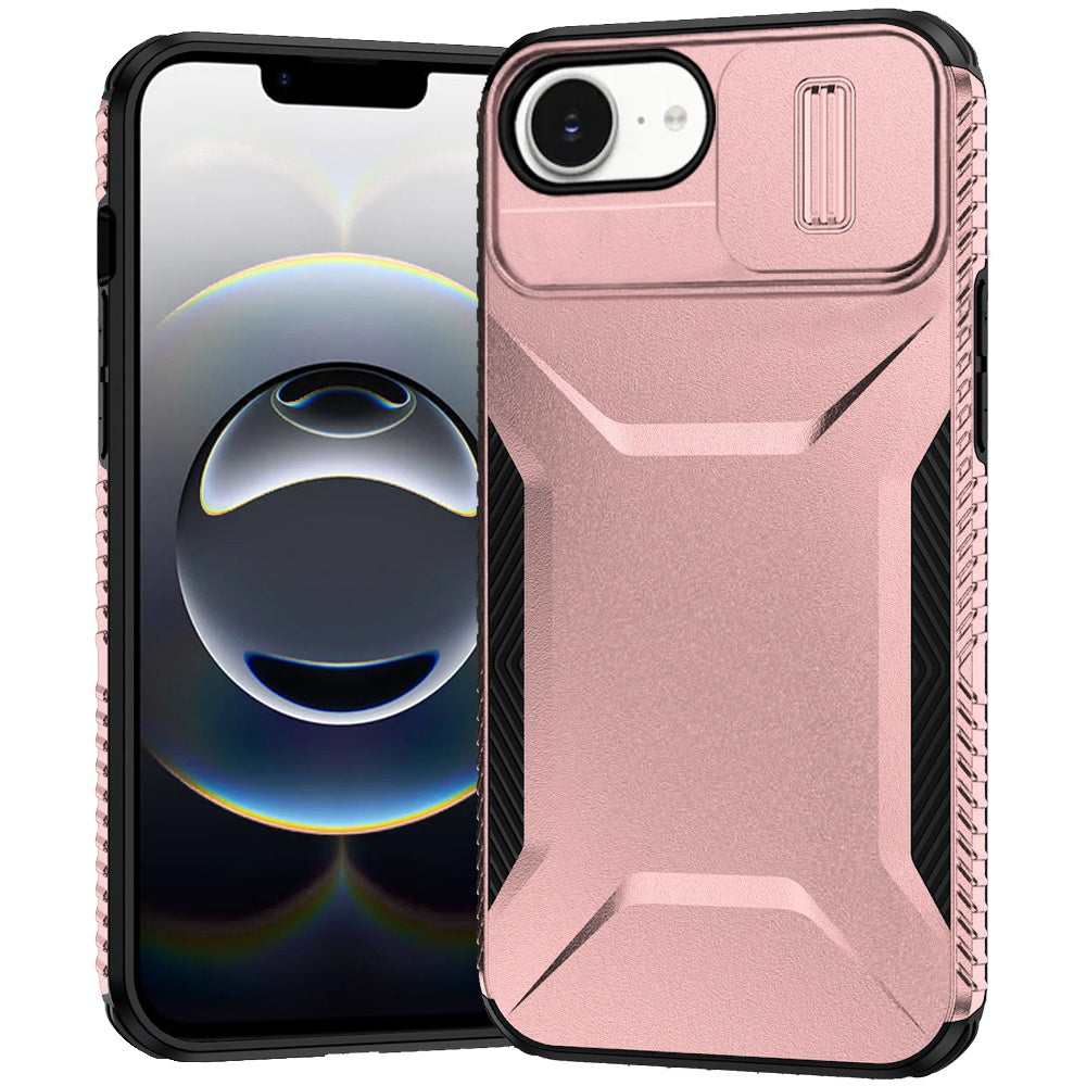 For iPhone 16e Case Rugged Side Grip Sliding Rear Lens Cover + Tempered Glass
