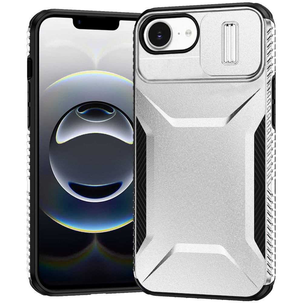 For iPhone 16e Case Rugged Side Grip Sliding Rear Lens Cover + Tempered Glass