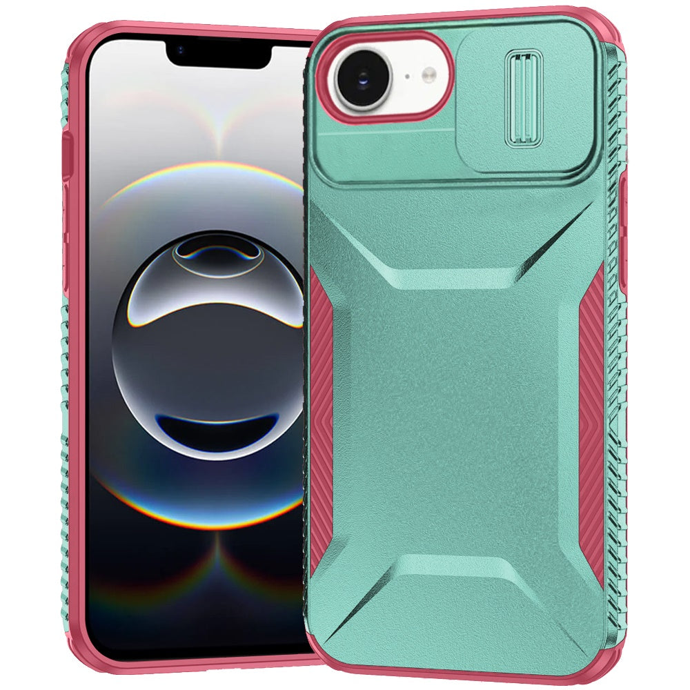 For iPhone 16e Case Rugged Side Grip Sliding Rear Lens Cover + Tempered Glass