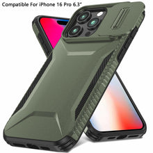 For iPhone 16 Pro 6.3in Case Rugged Side Grip Sliding Lens Cover +Tempered Glass