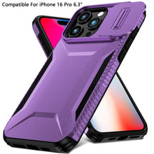 For iPhone 16 Pro 6.3in Case Rugged Side Grip Sliding Lens Cover +Tempered Glass