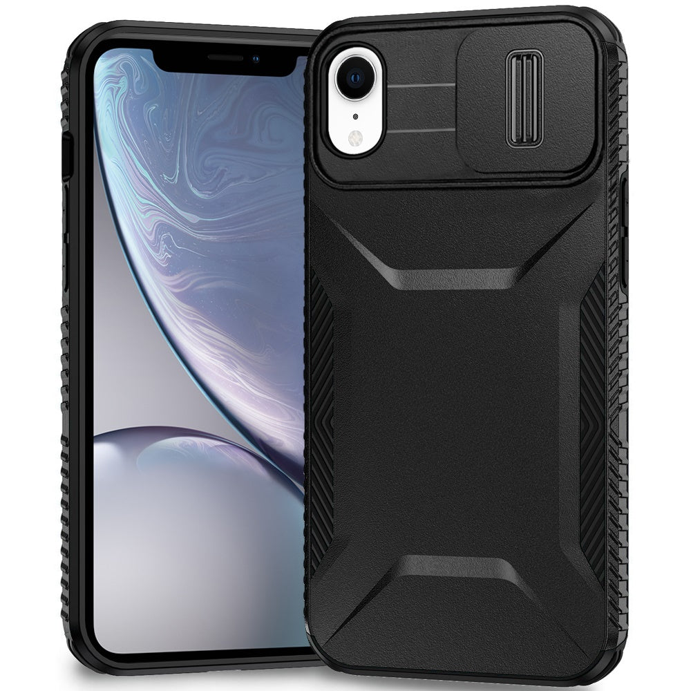 For iPhone XR Case Rugged Side Grip Sliding Camera Lens Cover + Tempered Glass