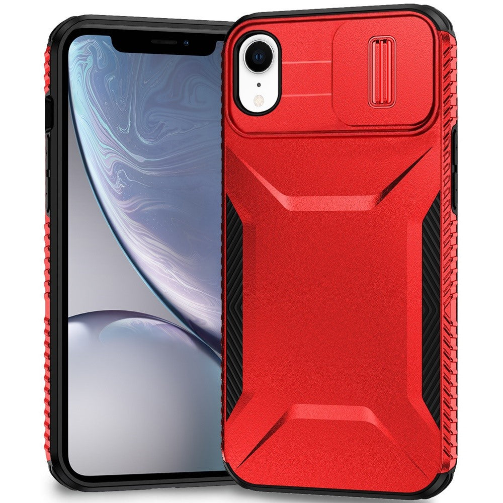 For iPhone XR Case Rugged Side Grip Sliding Camera Lens Cover + Tempered Glass