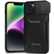 For iPhone 13/14 Case Rugged Side Grip Sliding Rear Lens Cover + Tempered Glass