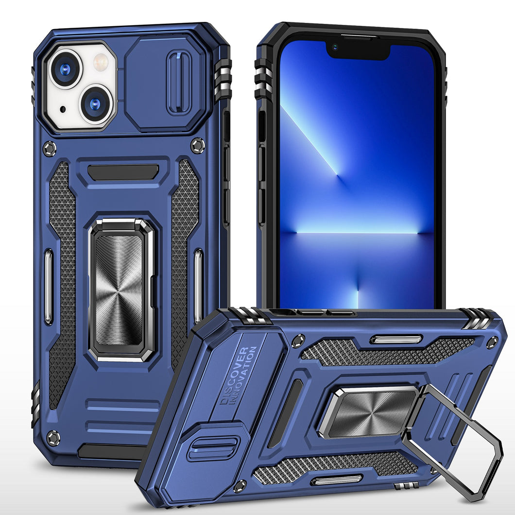 For iPhone XR Case Sliding Camera Lens with Metal Ring Stand + Tempered Glass