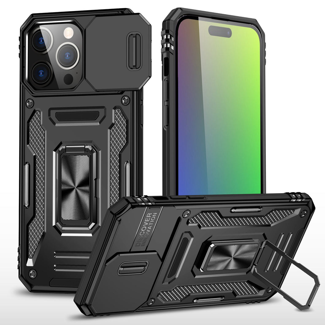 For iPhone 15 Case Sliding Lens Shockproof Magnetic Ringstand + 2 Tempered Glass