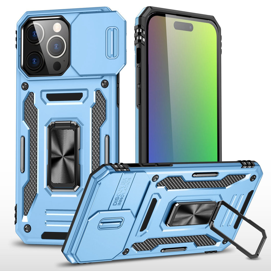 For iPhone 15 Case Sliding Lens Shockproof Magnetic Ringstand + 2 Tempered Glass