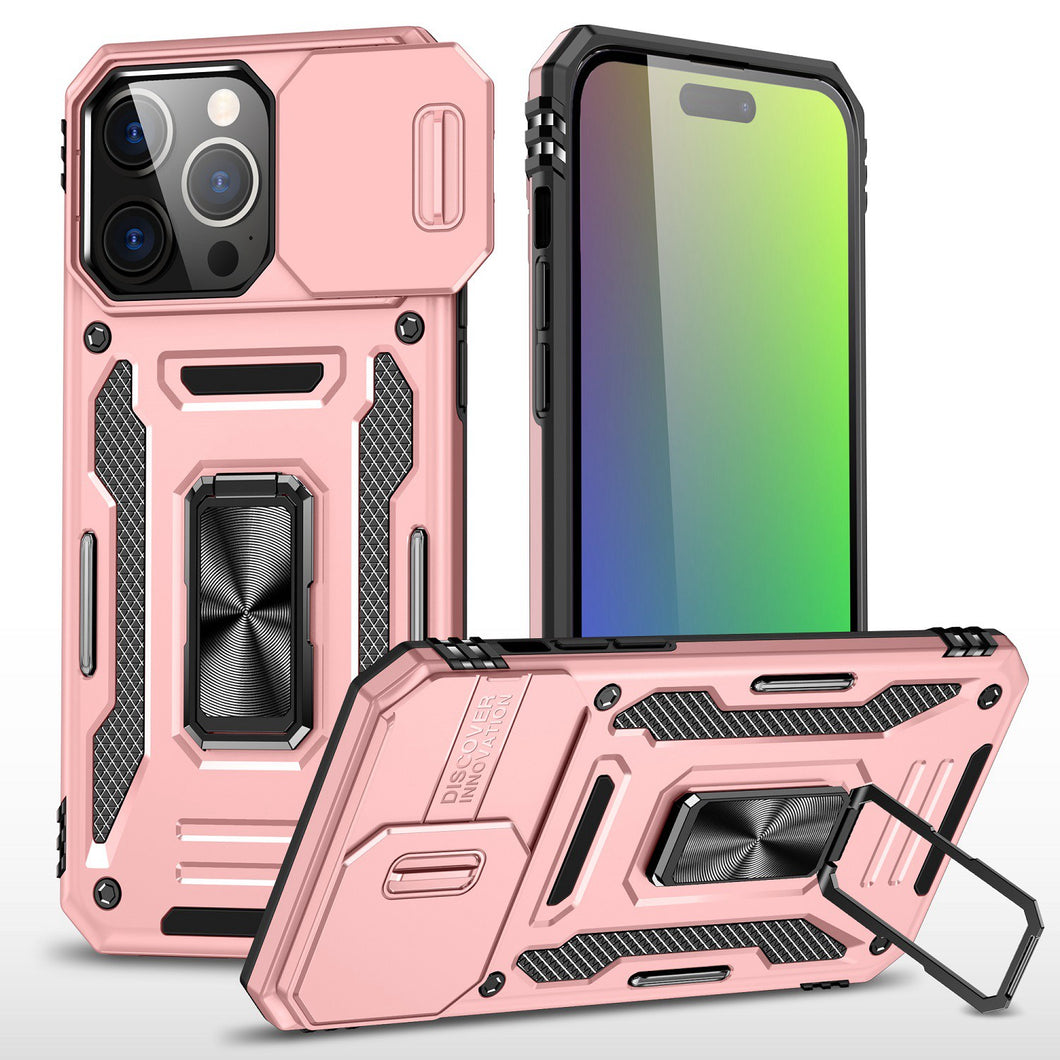 For iPhone 15 Case Sliding Lens Shockproof Magnetic Ringstand + 2 Tempered Glass