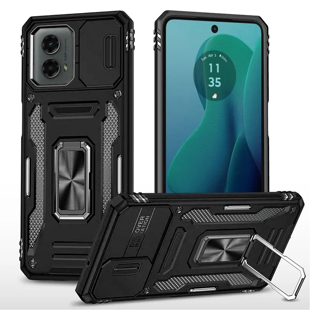 For Moto G 5G (2024) Case Slideing Lens Shockproof Ring Stand + Tempered Glass