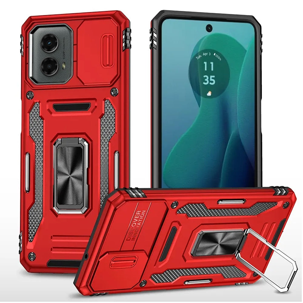 For Moto G 5G (2024) Case Slideing Lens Shockproof Ring Stand + Tempered Glass